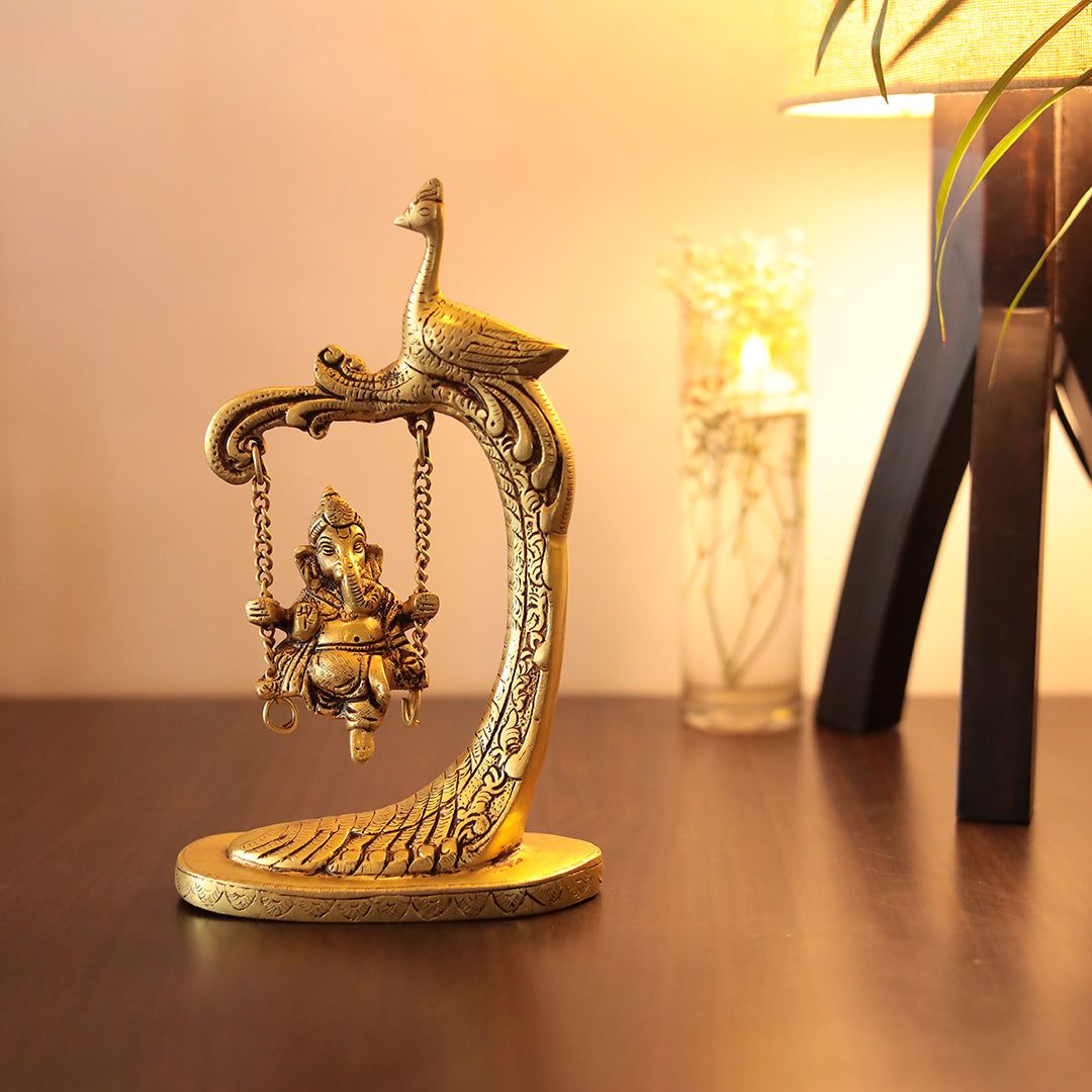 Brass Jhula Ganesh/Swinging Ganesh with Peacock Design Swing Stand in 9.5 Inch-Home Decor