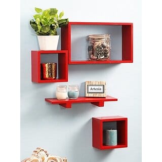 Onlinecrafts Wooden Wall Shelf Wooden Wall Shelf (Number Of Shelves - 4, Red)