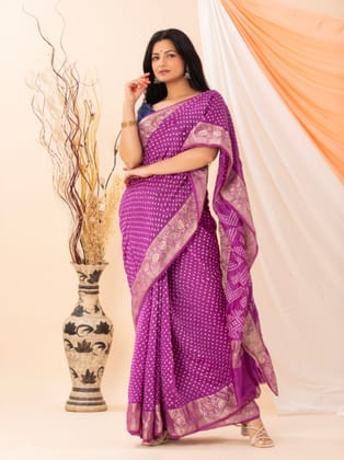 Purple Cotton by Silk Chanderi Bandhani Saree