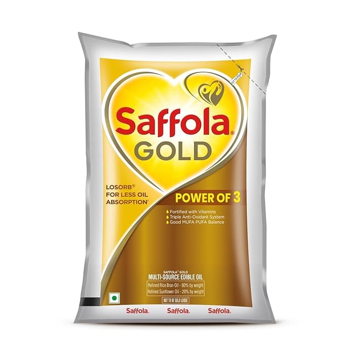 Saffola Gold Multi-Source Rice Bran & Sunflower Edible Oil, 1 L Pouch