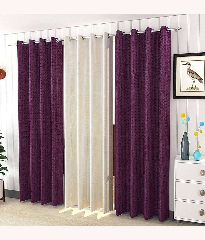 Kraftiq Homes Solid Semi-Transparent Eyelet Curtain 7 ft ( Pack of 3 ) - Multicolor