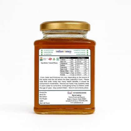 IndianHoney Acacia Honey | Pure & Natural | Unprocessed, Unfiltered, No Added Sugar | Ethically Sourced Natural Sweetener | Rich in Antioxidants | 500g Glass Jar