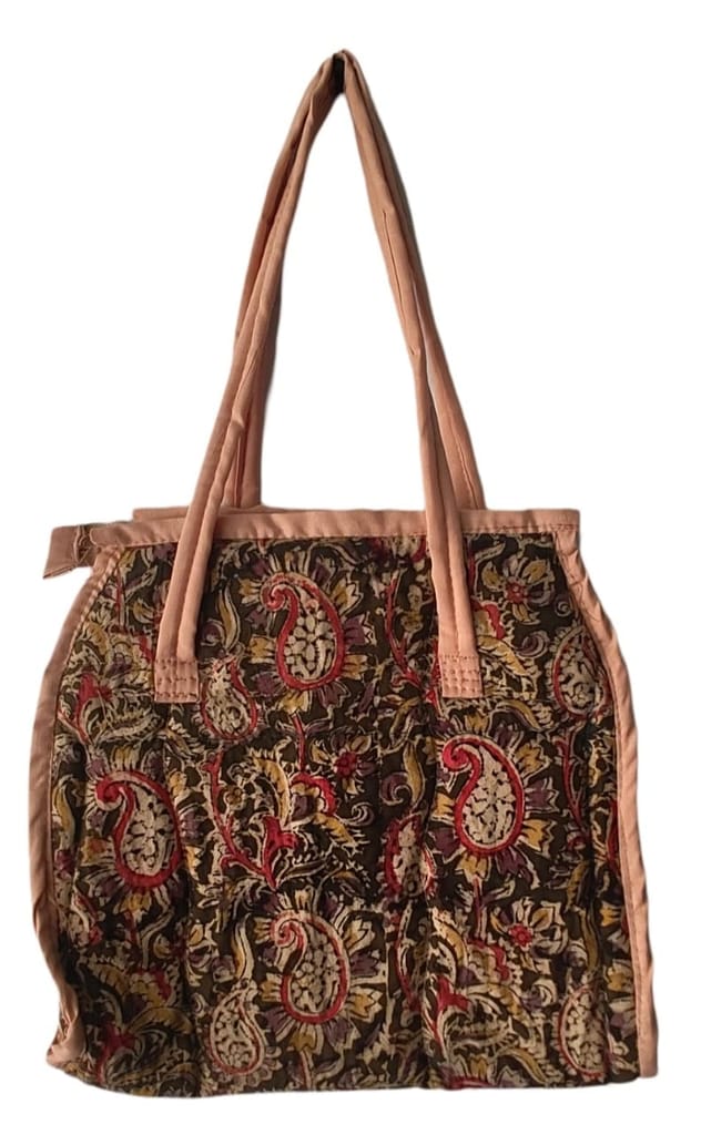 KALANKARI Handcrafted Paisley Print Cotton Tote Bag with Zipper Closure and Pink Lining