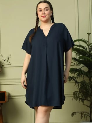 Dark Navy Blue Short Sleeve plus Size Women Dress-2XL