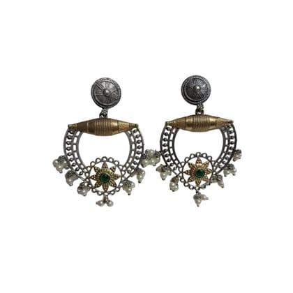Anvaya Collections Dual-Tone Pearl Drop Earrings, Traditional Design with Ruby Centre, Silver and Gold Finish
