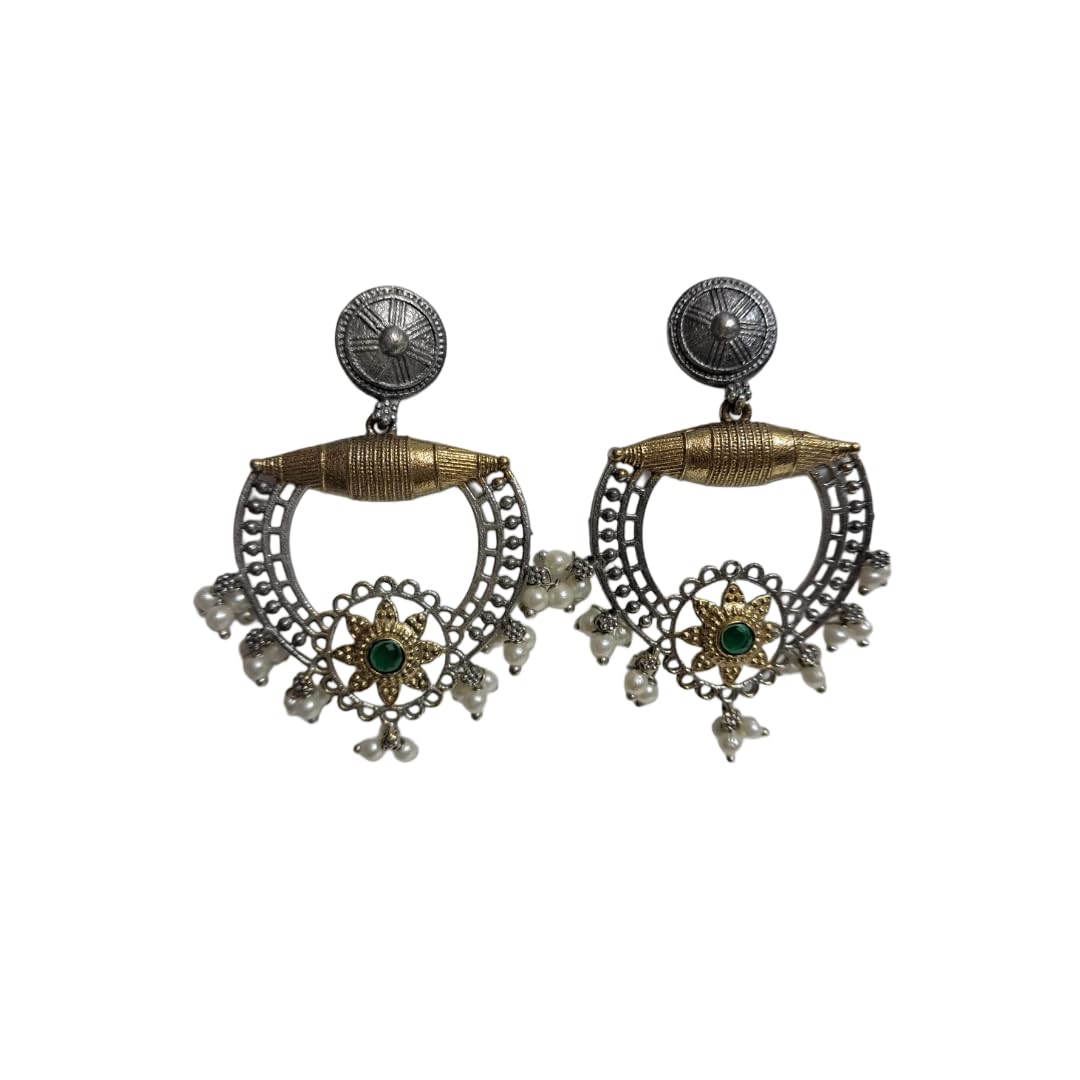 Anvaya Collections Dual-Tone Pearl Drop Earrings, Traditional Design with Ruby Centre, Silver and Gold Finish