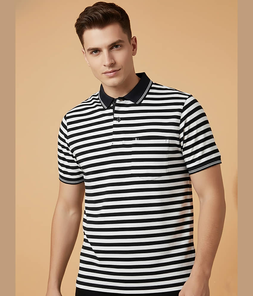 UNIBERRY Men Cotton Blend Regular Fit Striped Polo T Shirt ( Navy )