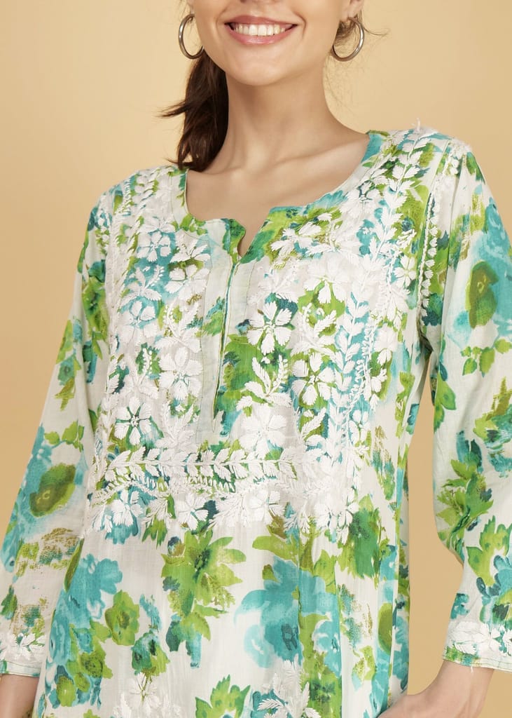 Pure Mulmul Floral Print Green Chikankari Long Straight Kurta