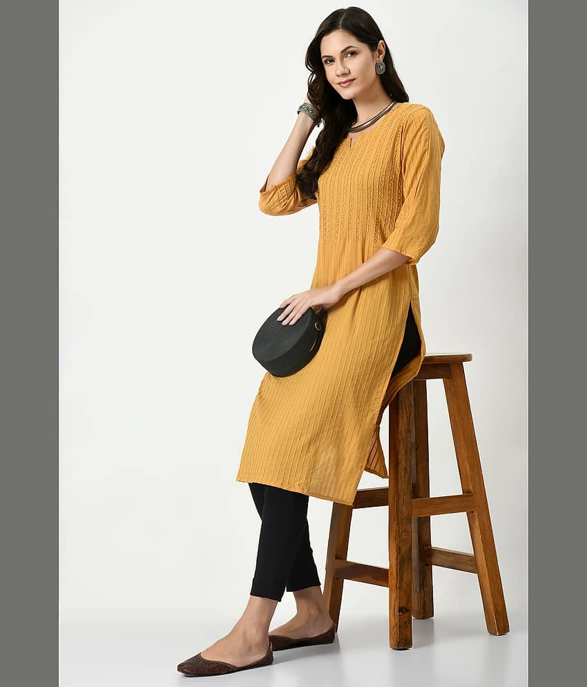 MAURYA 100% Cotton Embroidered Straight Women's Kurti - Yellow ( Pack of 1 )