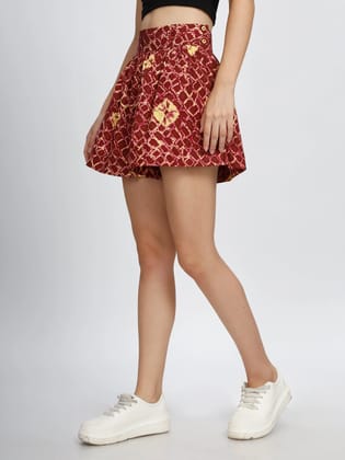 Women Divided Skirt, Cotton, Printed, Rhubarb-XS / Rhubarb
