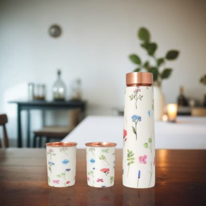 Copper Water Bottle Set | 1 Litre Bottle & Set of 2 Glasses | White Floral | Boosts Immunity-Floral