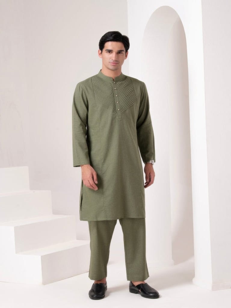 Olive Pleated Kurta Set