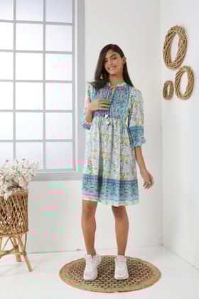 Blue floral print boho dress-XL