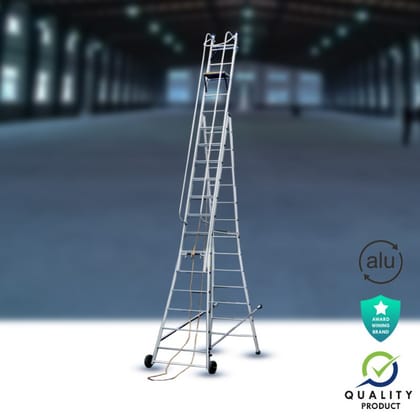 Wheel Self Supporting Extension Industrial Aluminium Ladder (Model: K-7009, Height:  14ft + 14ft in Very Heavy)