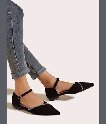 Shoetopia Rhinestone Decor Point Toe Ankle Strap Black Ballet Flats For Girls