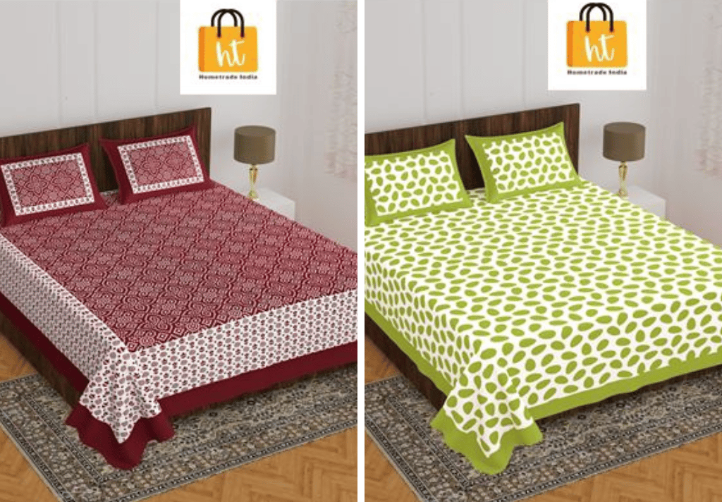 2201-Hometrade India- Standard Double Size (90*100 in )-Combo Jaipuri Double bedsheet With Matching Pillow Cover