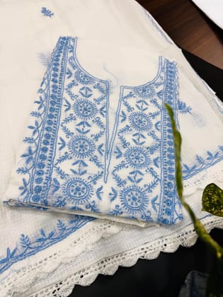 Hand Embroidered Kota Dori Cotton Kurti Fabric Set � White with Blue Thread Work | Ethnic Women�s Unstitched Dress Material Hand Embroidered Kota Dori Cotton Kurti Fabric Set � White with Blue Thread Work | Ethnic Women�s Unstitched Dress Material