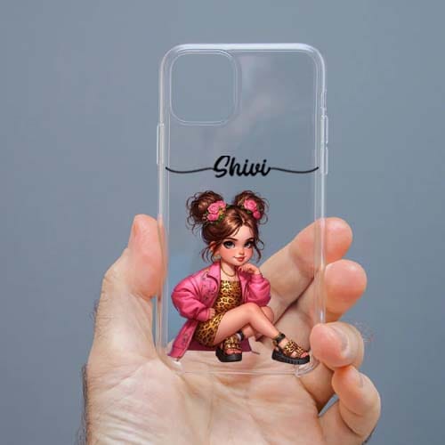 Personalized Cute Girl Transparent Silicon Case Customised with Name for Oppo, Vivo, Redmi, Realme, Poco, Mi, OnePlus, Samsung, iPhone, and More - design 87