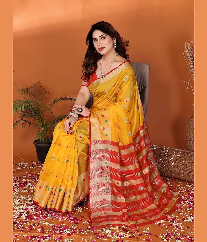 NightBlue Cotton Woven Saree With Unstitched Blouse Piece ( Yellow )
