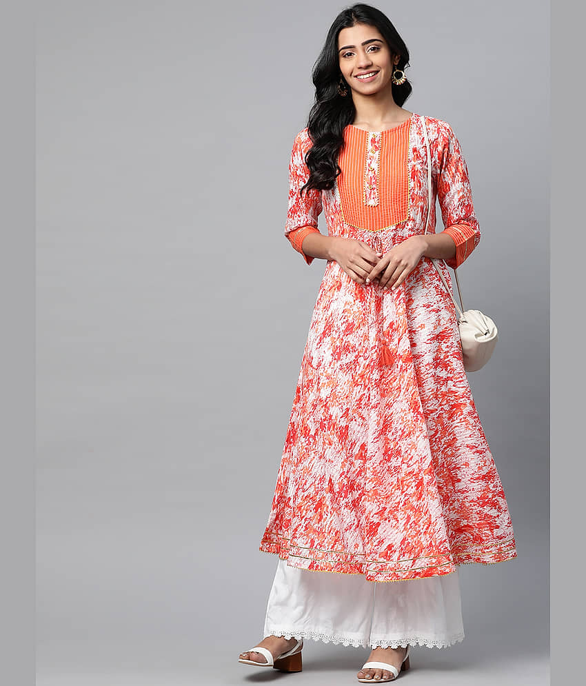 Yash Gallery Pack of 1 Cotton Blend Printed Flared Women's Kurti - ( Orange )