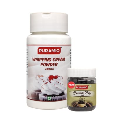 Puramio Whipping Cream Powder- Vanilla, Whipped Cream for Cake, 100 gm Pack + Dark Chocolate Chips Free, 25 gm
