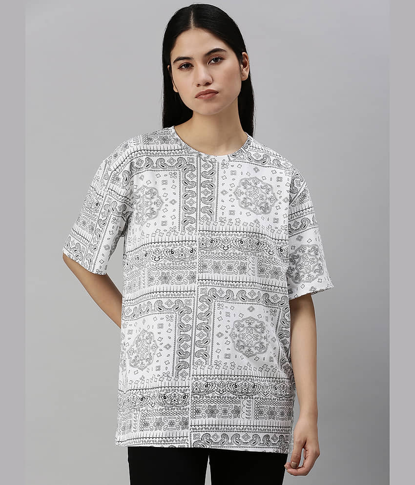 Veirdo Women Cotton Printed Oversized Fit Round Neck T-Shirt ( White )