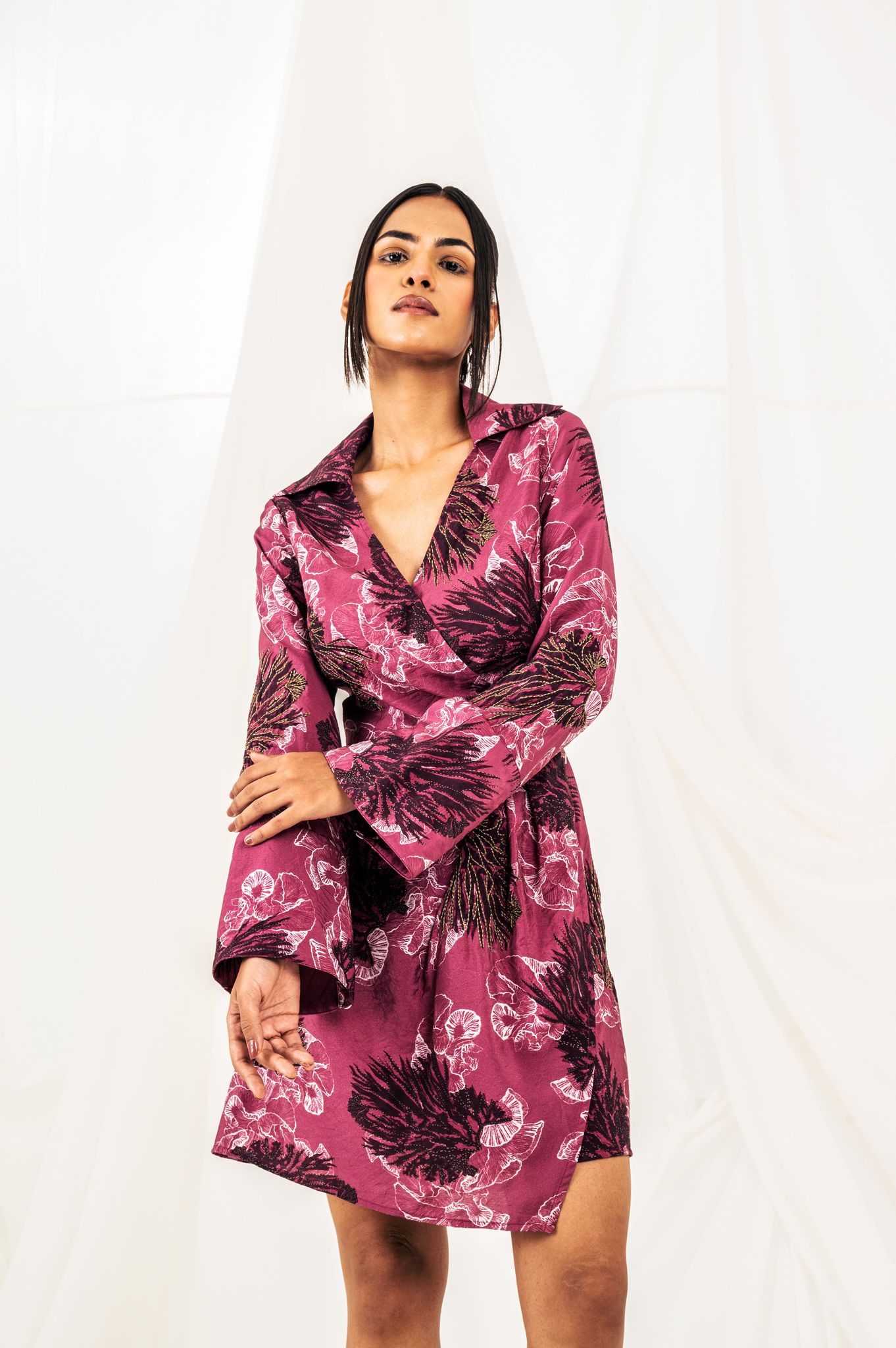 Printed Short Wrap Dress - Deep Pink-XS