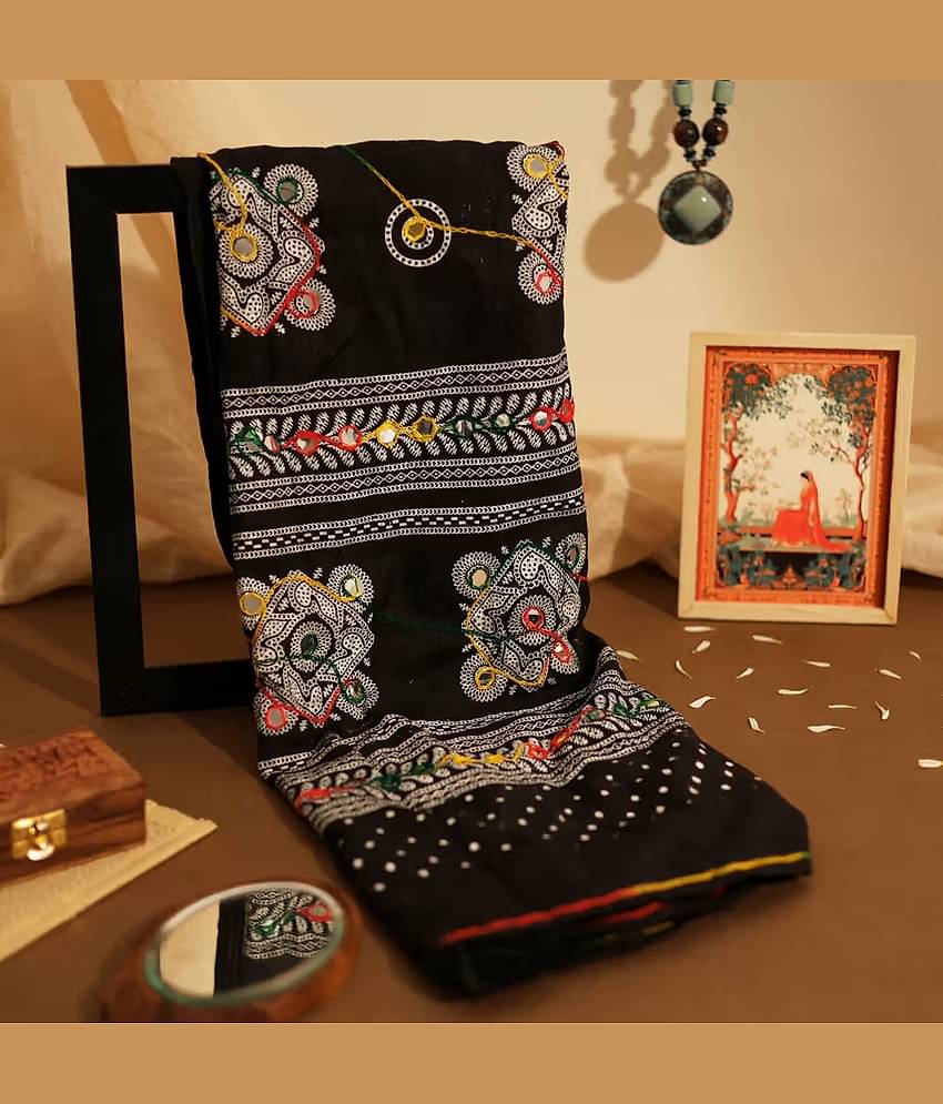 Anjaneya Creations Women Cotton Blend Dupatta ( Black , Pack of 1 )