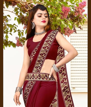 WXW Fashion Lycra Embroidered Regular Saree With Unstitched Blouse Piece ( Maroon )