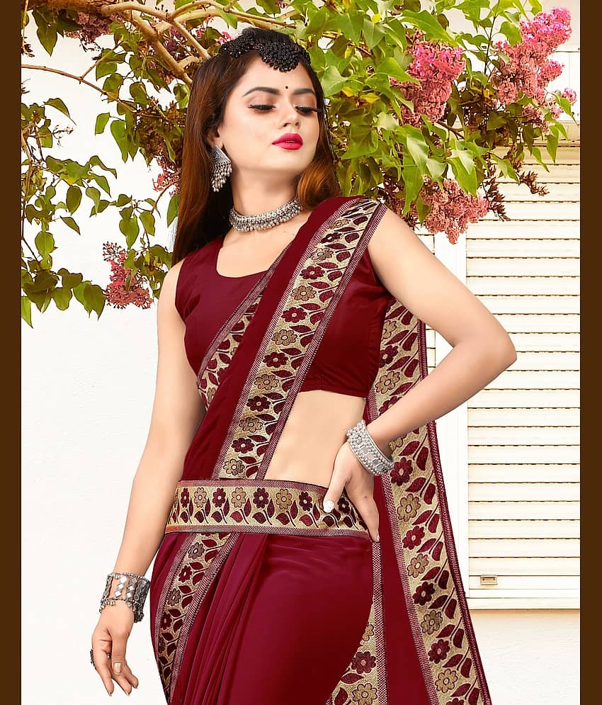 WXW Fashion Lycra Embroidered Regular Saree With Unstitched Blouse Piece ( Maroon )