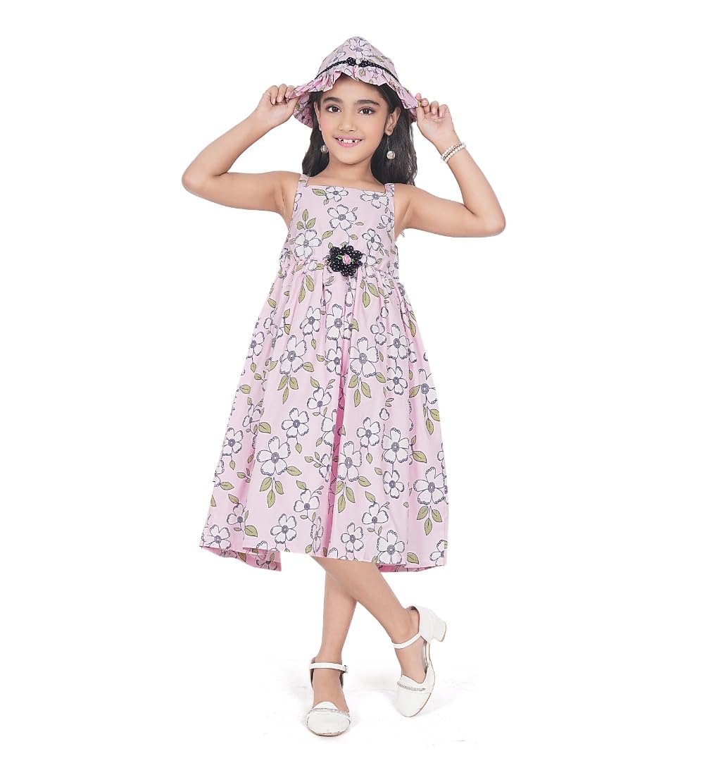 Girl's Cotton Printed Sleeve Less Round Neck Dress (Pink, 5-6_Yrs)-PID63790