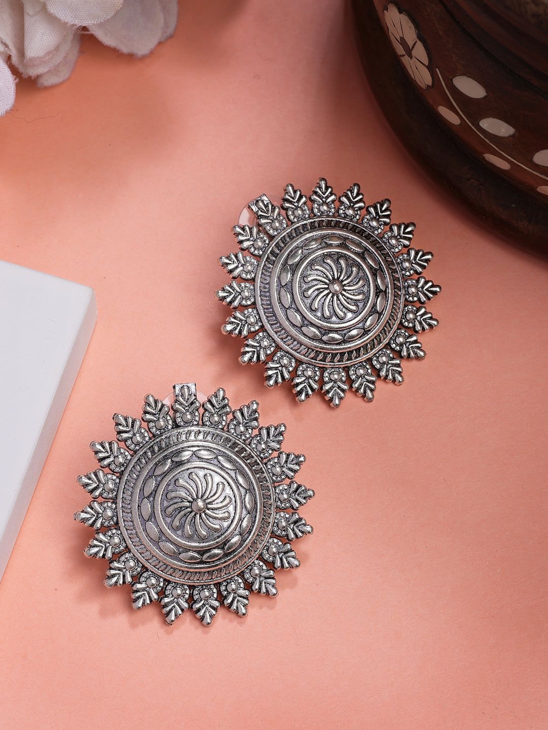 NVR Women Silver Plated Oxidized Circular Shape Stud Earrings-One Size / Silver / German Silver