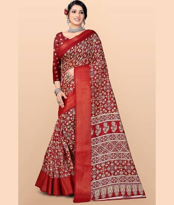 LEELAVATI Cotton Blend Printed Saree With Unstitched Blouse Piece ( Maroon )