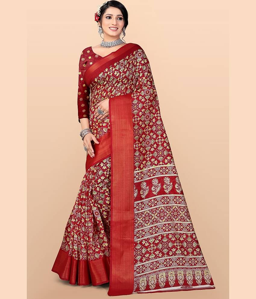 LEELAVATI Cotton Blend Printed Saree With Unstitched Blouse Piece ( Maroon )
