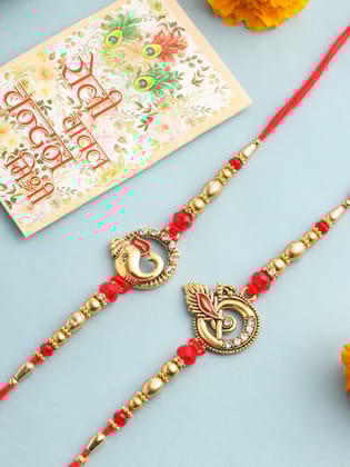 NVR Men Set of 2 Golden Red Religious Designer Ganesh Ji Thread Rakhi With Roli Chawal Chandan & Mishri-One Size / Red