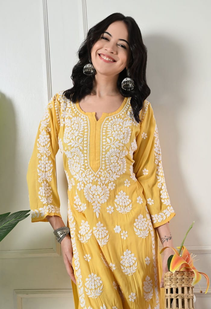 Hand Embroidered Chikankari Modal Plazo Set 3d Work-Yellow