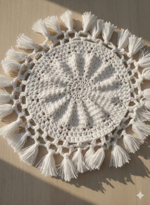 Handcrafted White Woolen Crochet Thaalposh with Tassel Border – 30×30 cm – 1 Piece
