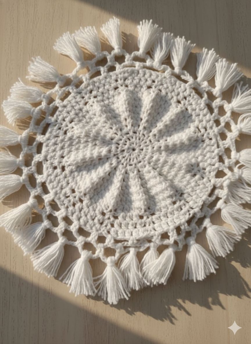 Handcrafted White Woolen Crochet Thaalposh with Tassel Border – 30×30 cm – 1 Piece