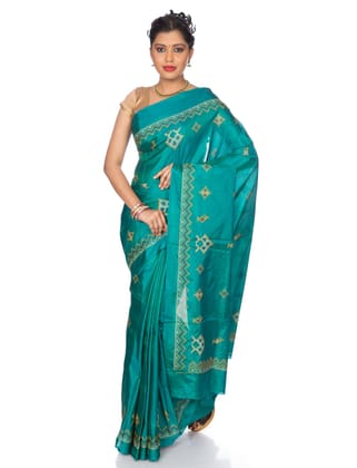 Teal Ilkal Saree - Art Silk Saree with Kasuti Embroidery