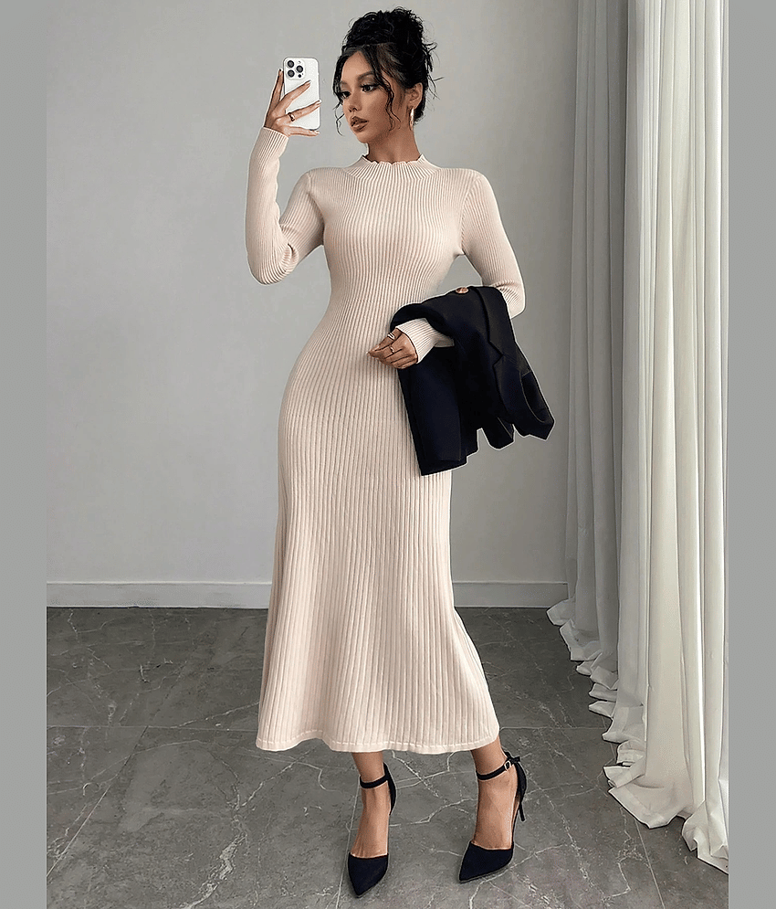 Traquila Women Lycra Solid Bodycon Dress ( Beige )