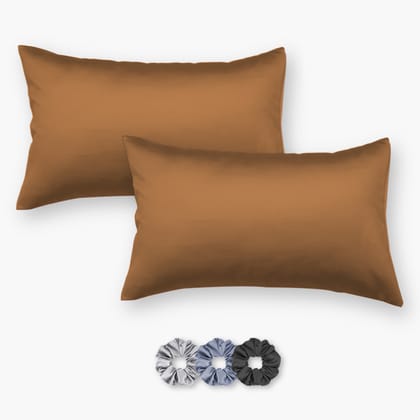 Brown Mocha Satin Pillow Covers - Set of 2 (With 3 Free Scrunchies)-17 X 27 inch - Standard