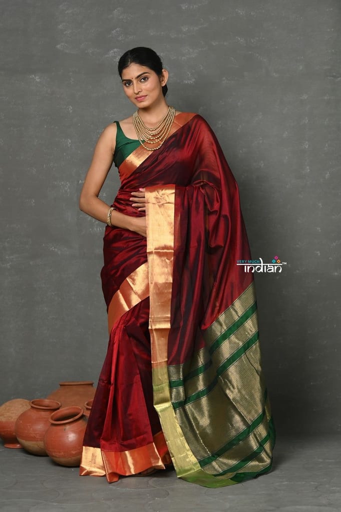 Tyohaar ~ Handloom Pure Chanderi Cotton Silk Saree With Golden Border - Maroon - Sarees | Buy online on ZillyBuy