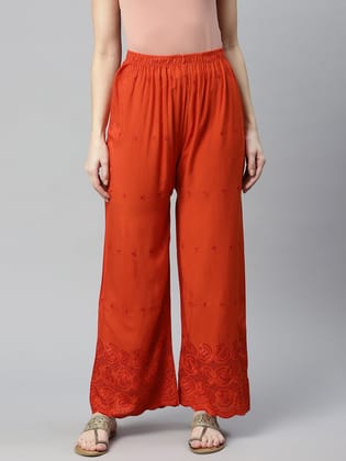 Rang Gali Women's Rust Embroidered Palazzo-26