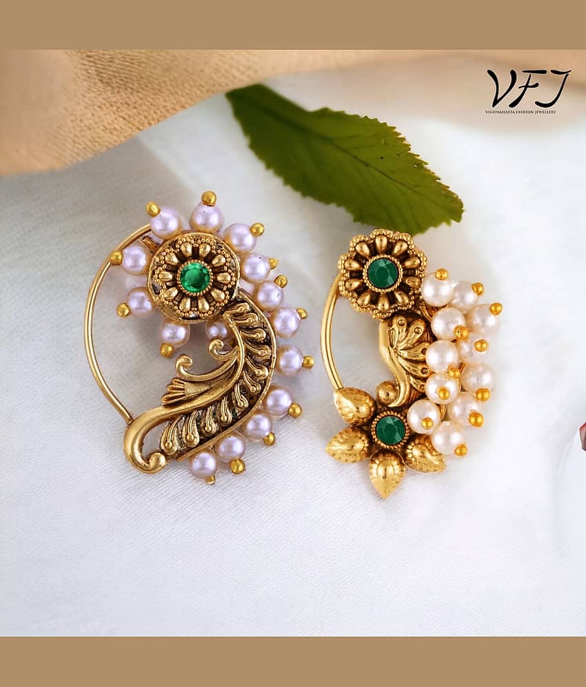 Vighnaharta Artificial stone and Pearls moti Nath Nathiya./ Nose Pin combo 2 nath for women and Girls[VFJ1180-1275_NTH-PRESS-GREEN]