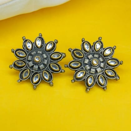 Oxidized Silver Floral Stud Earrings with Kundan Work For Girls Women Oxidized Silver Floral Stud Earrings with Kundan Work For Girls Women