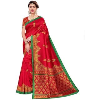 SVB Red Printed Mysore Silk With Blouse Saree