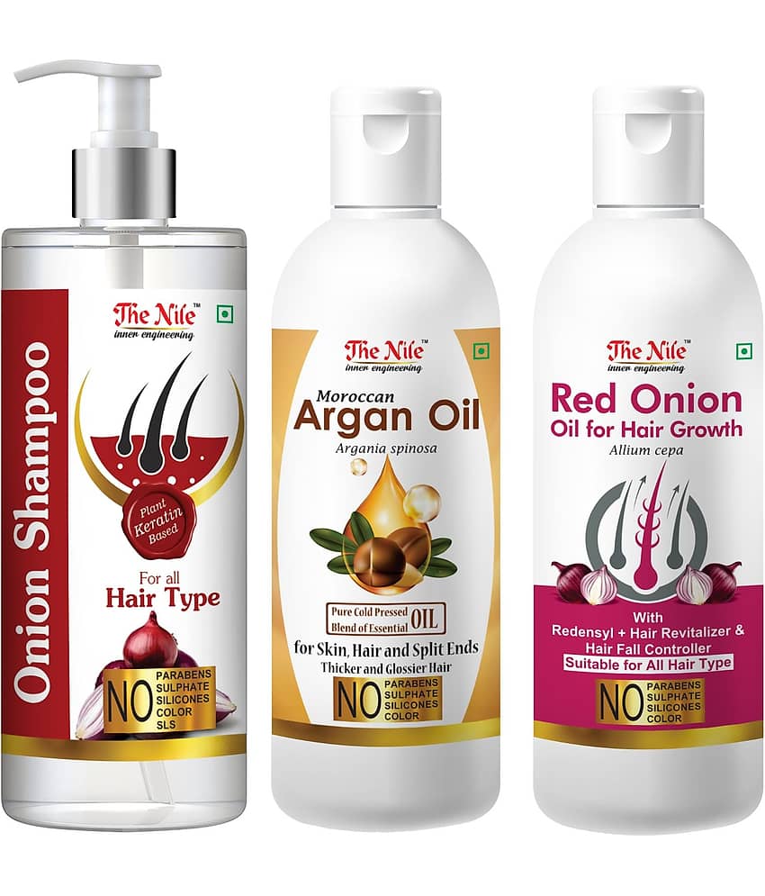 The Nile Red Onion Shampoo 200 ML + Argan Argan Oil 100 ML + Red Onion Oil 100 ML  Shampoo 400 mL Pack of 3