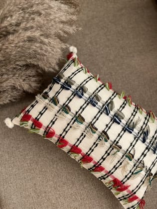 KRI India Distressed Multicoloured Cushion Cover 12x18" | Off White base with red, black & Green handwork | Wash & Care | 100% Cotton | Handcrafted in India. 100% organic & natural.