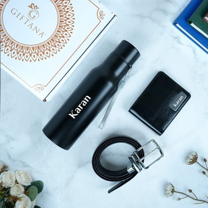 Personalized Gift : 3-in-1 Men's PU Wallet, Belt & Bottle Set