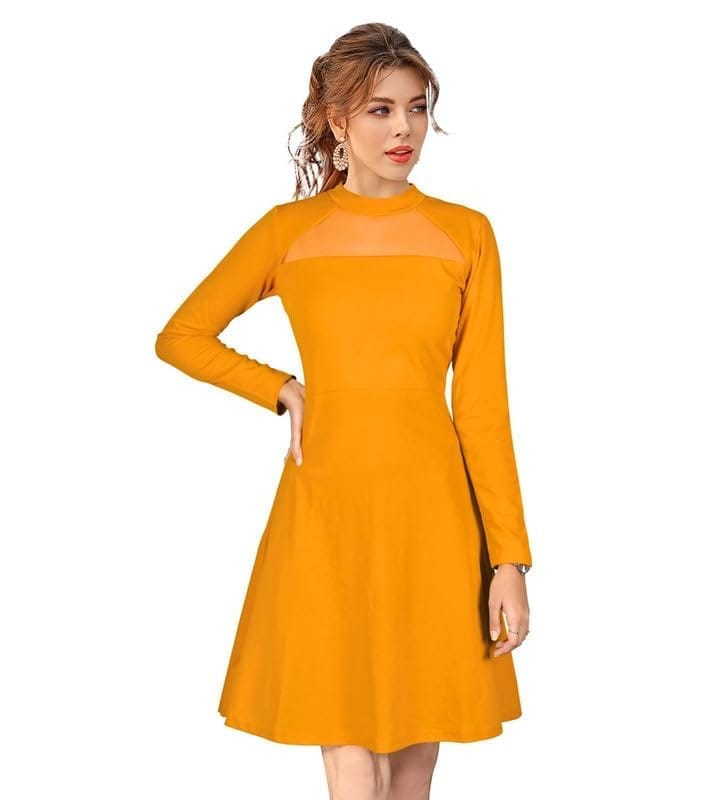 Women's Knitting Stretchable Solid Round Neck Full Sleeve Dresses (Yellow, L)-PID56838
